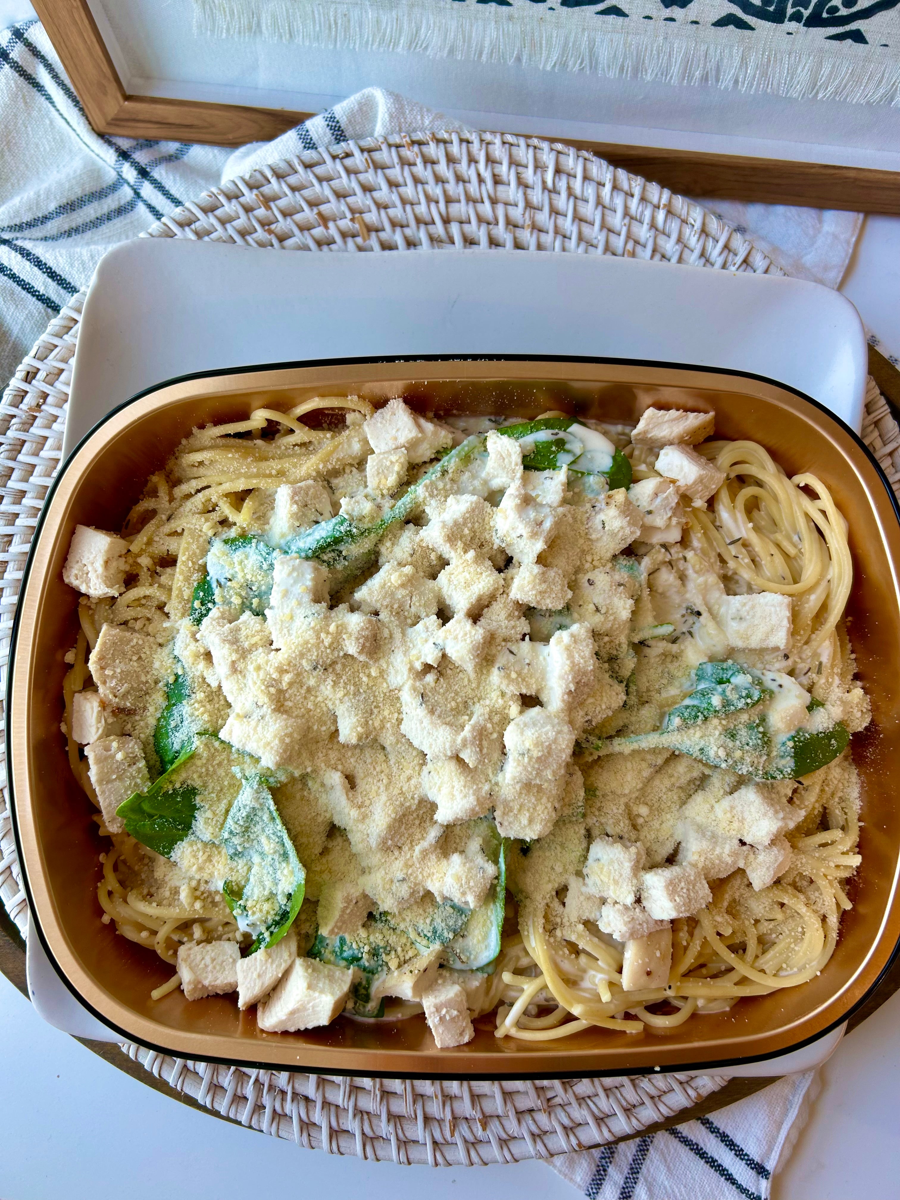 Roasted Chicken over Garlic Parmesan Noodles