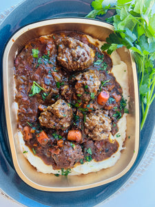 Meatballs and Gravy with Garlic Mashed Potatoes - GF