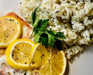 Roasted Lemon Butter Salmon with Rice Pilaf (GF)